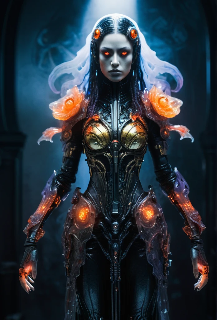 cyberpunk Gaisha Full length view, glowing translucent fantasy glass ghost, cyberpunk Gaisha with baroque floral pattern in orange-red-black-gold color, big eyes, beautiful perfect look, soft body, emitting diodes, shadow play, top view, light, fog, moody, shiny hair, bright, red, purple, blue, cinematic, film light, super detailed, hyper realistic, masterpiece, atmospheric, high definition, bright, high contrast, dark corner, koos roos art, 8k, hdr, 500px, alien layout background, watercolor, artstation trends, sharp focus, studio photo, intricate details, high detail, Greg Rutkowski
