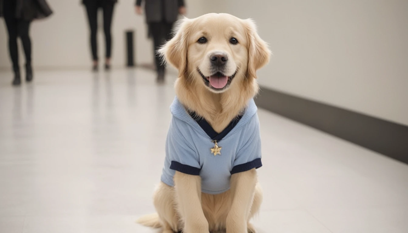 A golden retriever，very cute，pretty，Wearing dog clothes，It walks on the catwalk，Like a star，Medium shot，Real photography。