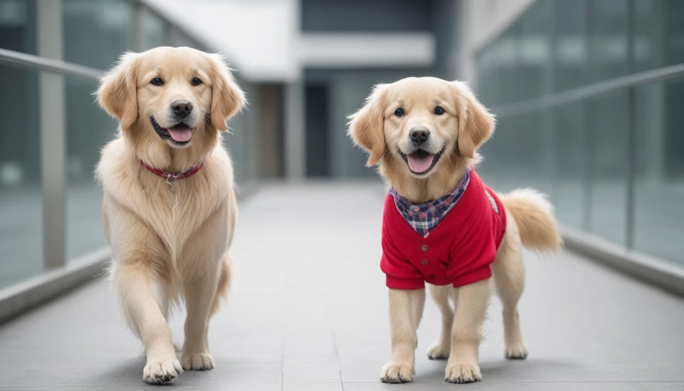 A golden retriever，very cute，pretty，Wearing dog clothes，It walks on the catwalk，Like a star，Medium shot，Real photography。