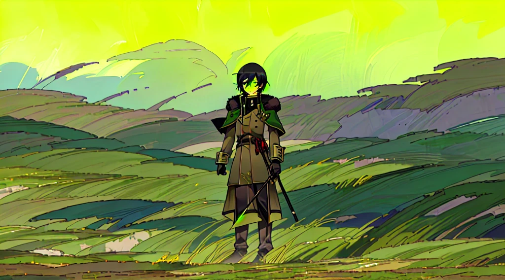 yuichiro hyakuya, (WithoutFear:1), 1 boy, black hair, green eyes, brown coat, gray armor, green shield, green cloak, dark brown gloves, town, white fur trim, tall, anime, standing, good quality, portrait, looking at viewer