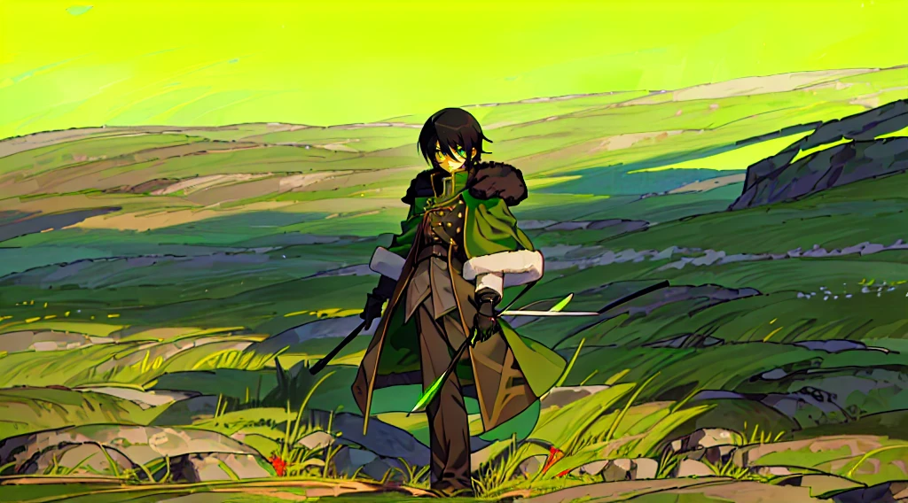 yuichiro hyakuya, (WithoutFear:1), 1 boy, black hair, green eyes, brown coat, gray armor, green shield, green cloak, dark brown gloves, town, white fur trim, tall, anime, standing, good quality, portrait, looking at viewer