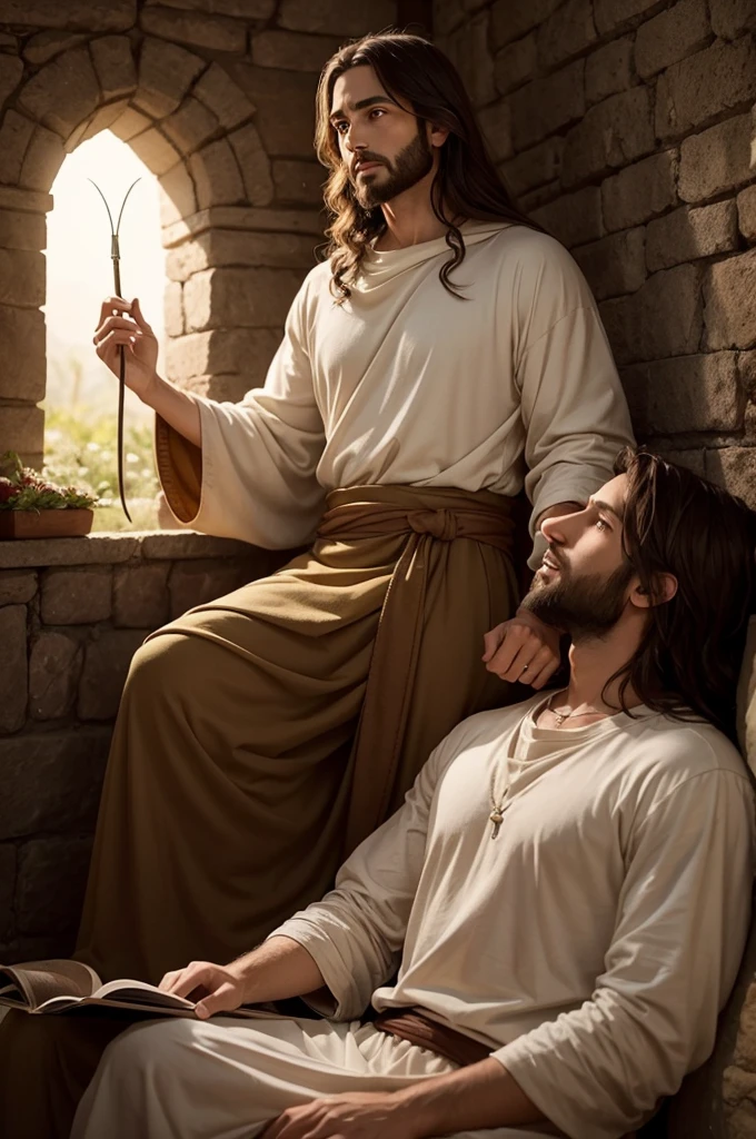 Create an image of Jesus and biblical stories with a devotional phrase