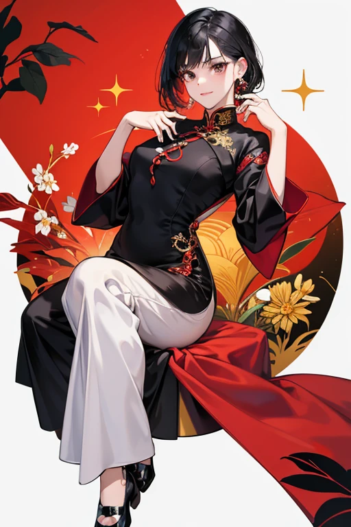 She wears a white Cheongsam with a red, black, and gold plant design. She also wears periwinkle pants and black and white dress shoes. She wears a silver band on her ring finger. SPARKLE; GLITTER