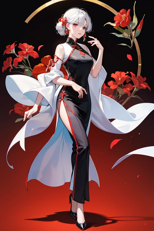 She wears a white Cheongsam with a red, black, and gold plant design. She also wears periwinkle pants and black and white dress shoes. She wears a silver band on her ring finger. SPARKLE; GLITTER