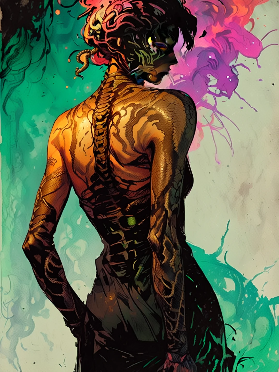 Medusa, gorgoneion, living snakes on head, snake-hair, serpent-hair, muted color grading, coarse tan drawing paper, splash page decompressed comic cover art, ink style figure, ((expressive Joelle Jones and "Sean Gordon Murphy" comic drawing)), wordless, cinematic poster, morphology anatomy drawn Frederic Delavier musculature anatomical illustration, (face, ornate black metal corpse paint, resembles Grace Jones), (background, pine barrens, entropy, rewilding, magic hour sunset, galaxy stars, cosmos), full length portrait, (colors, bleak muted deep fiery radiant glowing ROYGBIV, forest green, earth brown), candid, snake skin dress, (body, Naga, snakefolk, lower body snake tail, snake woman hybrid, bald, hairless, skeleton, snake skin tattoos, piercing eyes, snake pupils, over the shoulder), abyss void black no visibility darkness, craftsmanship nuance, (Gerardo Zaffino charcoal), (horror, abstract, surreal, body, cosmic), subliminal orchids, nyctophobia, silhouette, double exposure, image within image, unfinished expressive rough-sketch