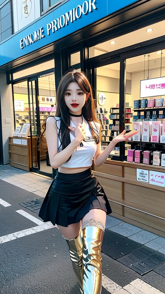 (((random composition : 1.2))), (realistic), (intricate details:1.2), (masterpiece、:1.3), (top quality:1.4), (Ultra A high resolution:1.2), Ultra A high resolution, 8K resolution, very detailed expression, (high quality), complete anatomy, natural anatomy, (full body photo:1.2), (1 korean girl), (In front of a cosmetics store's enterance :1.4), (She is promoting her new opening store.:1.5), (she Dancing femininely and sexyly : 1.4),(wearing in ear a microphone),(she doing promotional narration with mic while dancing K-pop..:1.4), (Event girl dispatched for business promotion purposes : 1.6), she is 21 years old, (she is korean:1.6), (beautiful : 1.4), (brightly colored hair), (She is Narrator model : 1.4), (She is Companion : 1.4),(She is event assistant : 1.4), (big earrings), (in-ear microphone : 1.4), heavy makeup, cheerful expression, choker necklace, long legs, (The girl is wearing a slim, sleeveless racing girl uniform and a tight, shiny miniskirt. : 1.4), (She is wearing flesh-colored shiny pantyhose under her skirt and white overknee boots. :1.4), glowing skin, passionate promotional model, friendly smile, (Making eye contact with each other :1.4), kidney practitioner, multiple wreaths, event roulette, signboard, woofer speakers, performance equipment, event product promotion, Lots of people passing by on the street and paying attention to her., In front of the shopping mall in crowed