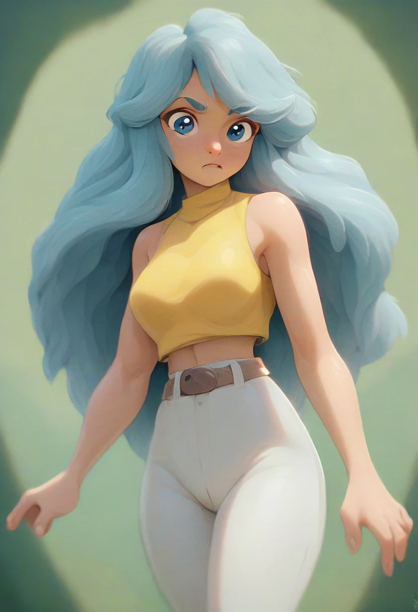 A woman with very voluminous hair, very long hair, wavy blue hair reaching down to her waist, blue eyes, thin eyebrows, with a sensual and confident look. She is wearing a tight yellow sleeveless top with thin straps that exposes her midriff, white pants without a belt, with yellow oval-shaped pendants around her waist instead of a belt. The woman is walking, looking back, looking at you.