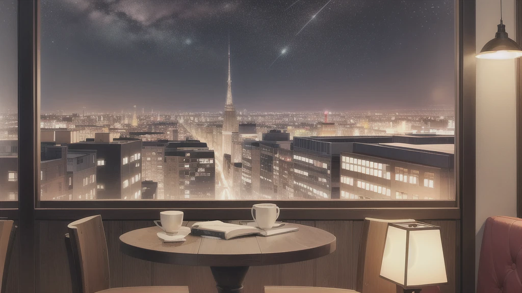 "A tranquil night scene of a cozy café with warm lights. A person is reading a book, surrounded by the soft glow of lamps, with a cup of coffee on the table. Outside the window, a starry sky and city lights create a calming atmosphere."