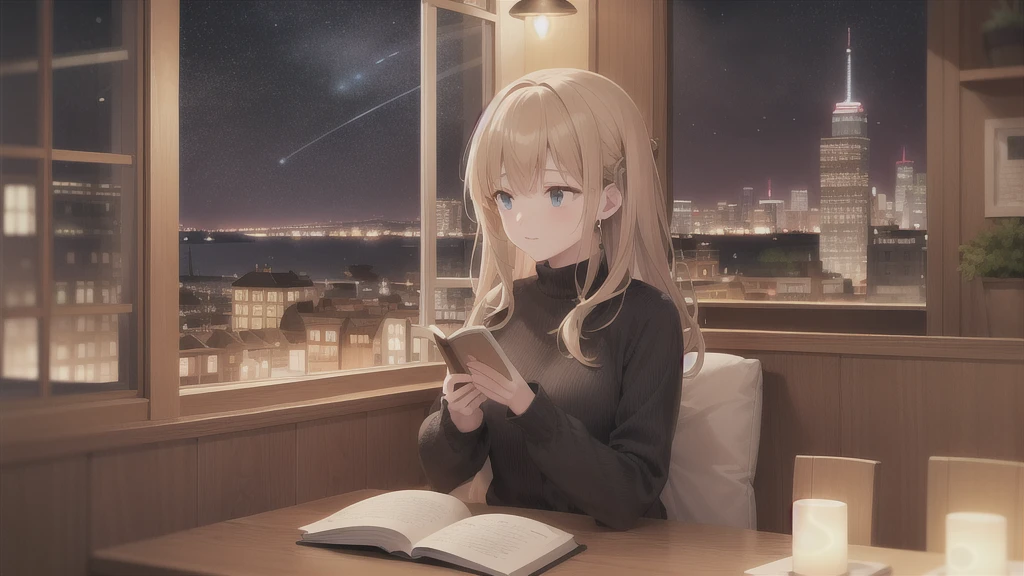 "A tranquil night scene of a cozy café with warm lights. A person is reading a book, surrounded by the soft glow of lamps, with a cup of coffee on the table. Outside the window, a starry sky and city lights create a calming atmosphere."