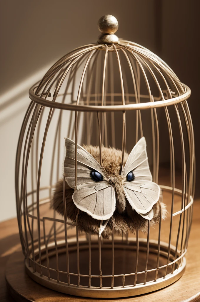 Create a picture of a sad moth in a cage