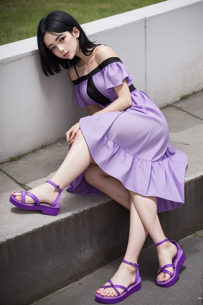 Straight black hair purple dress pastel purple sandals 