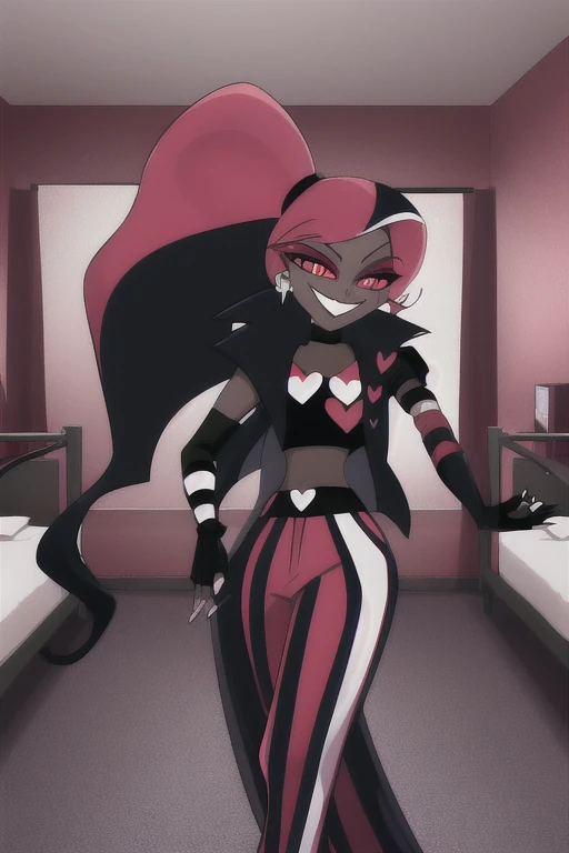 VelvetteHH, 1girl, solo, black jacket, strip pants, dark skin, ponytails, fingerless gloves, girl1, room, red and white eyes, black shirts, smiling, room, sexy pose