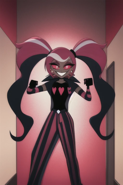 VelvetteHH, 1girl, solo, black jacket, strip pants, dark skin, ponytails, fingerless gloves, girl1, room, red and white eyes, black shirts, smiling, room, sexy pose