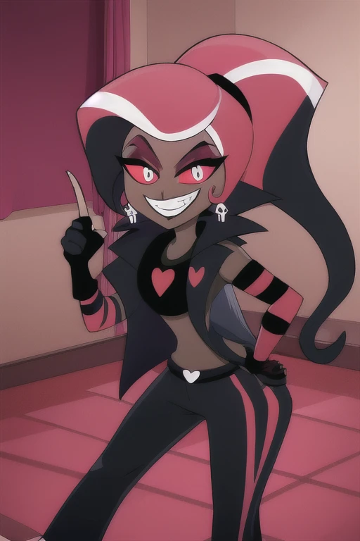 VelvetteHH, 1girl, solo, black jacket, strip pants, dark skin, ponytails, fingerless gloves, girl1, room, red and white eyes, black shirts, smiling, room, sexy pose