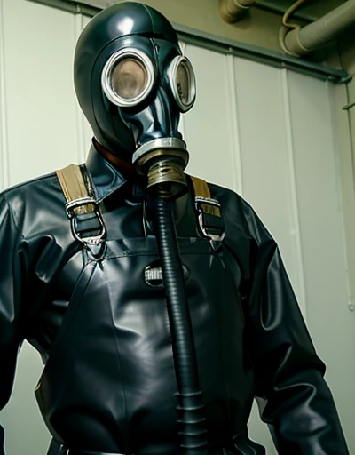 a man in a gas mask with hose and overallsheavy rubber the man is hypnotized, ((breathing  tube)), factory
