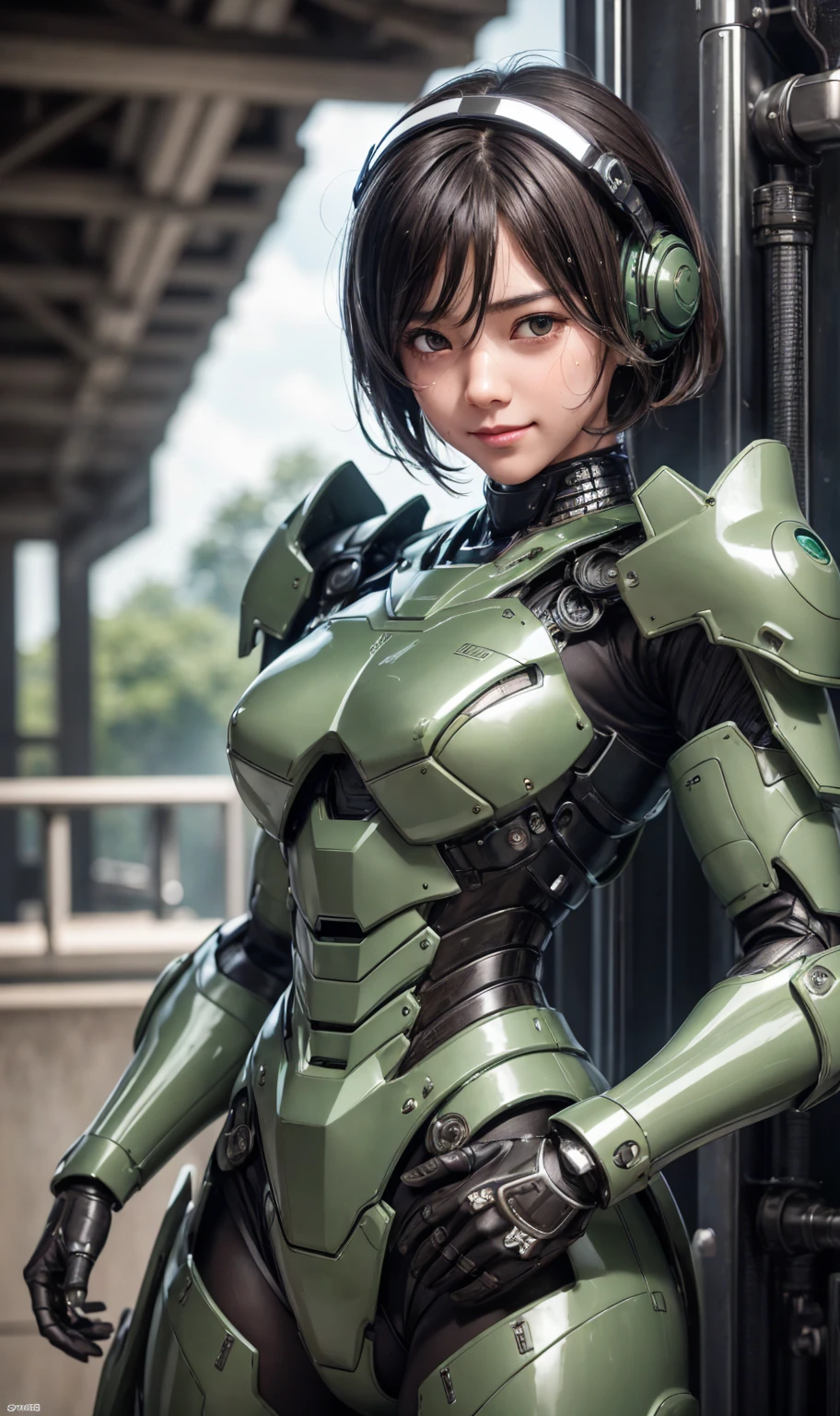 Textured skin, Super detailed, Attention to detail, high quality, 最high quality, High resolution, 1080P, hard disk, beautiful,(War Machine),beautifulサイボーグ女性,Dark Green Mecha Cyborg Girl,battle,Girl with a mechanical body,、Plain junior high school girl Boyish short hair、Sweaty brown eyes、Sweaty face、Expressions of joy Blushing Cute Smile Black-haired ((Steam coming out of the head)) (Steam coming out of the whole body) Cool pose Gloss Sweat flying