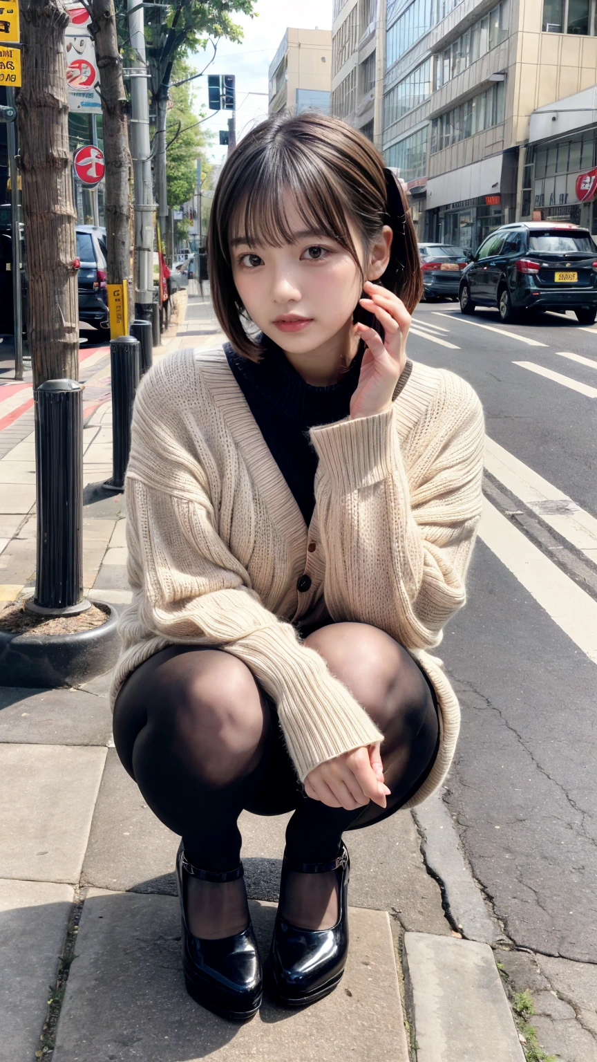 Photo taken by a professional photographer,Close-up of a woman squatting on the sidewalk with her legs crossed, kiko mizuhara, wearing a sweater, Shirahime cut brown hair, wearing a sweater, young and cute girl, japanese model, 白いwearing a sweater, Chiho, ランダムカラーのカジュアルなwearing a sweater,Cute ide waves with short hair, a cute young woman, cute young woman, black pantyhose,black tights,black high heels,