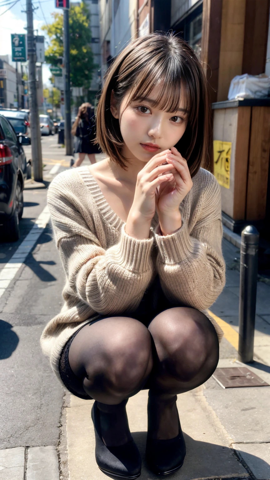 Photo taken by a professional photographer，Close-up of a woman squatting on the sidewalk with her legs crossed, kiko mizuhara, wearing a sweater, Shirahime cut brown hair, wearing a sweater, young and cute girl, japanese model, 白いwearing a sweater, Chiho, ランダムカラーのカジュアルなwearing a sweater,Cute ide waves with short hair, a cute young woman, cute young woman, black pantyhose，black tights，black high heels，