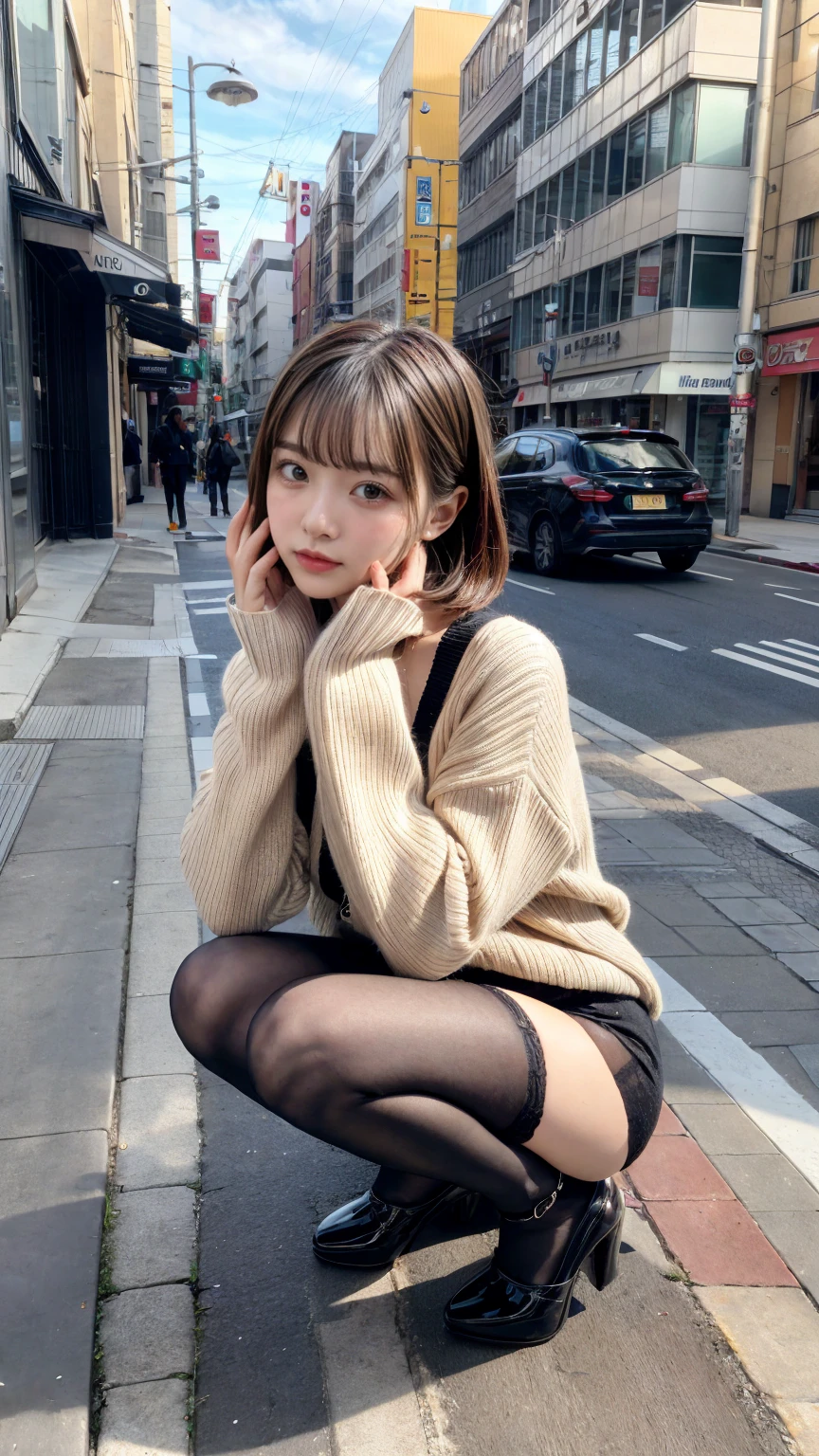 Photo taken by a professional photographer，Close-up of a woman squatting on the sidewalk with her legs crossed, kiko mizuhara, wearing a sweater, Shirahime cut brown hair, wearing a sweater, young and cute girl, japanese model, 白いwearing a sweater, Chiho, ランダムカラーのカジュアルなwearing a sweater,Cute ide waves with short hair, a cute young woman, cute young woman, black pantyhose，black tights，black high heels，