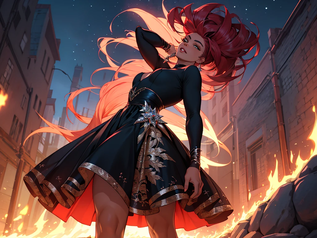 Ultra detailed, clothing hole body, hole body, tan skin, drag queen, dress black and red, crystals, details, hole body, fashion, beauty long hair, fashion dress, walking on the fire, night, cenario, beauty, three poses
