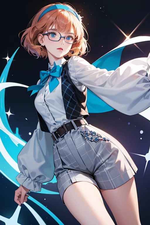 Sabrina is a short fair-skinned slender age girl with chin-length ginger hair that is styled in a bob-cut, strong cyan eyes, and light pink lipstick.
Sabrina wears a white headband and glasses with a grayish-brown and grey rim. She wears a purple and blue argyle vest, and underneath that, a white long-sleeved dress shirt with a very deep purple bow tied to the collar. She has light blue shorts with a brown belt, black leggings with a dark blue argyle pattern, light arctic blue socks, and black hidden wedged-white sneakers. SPARKLE; GLITTER