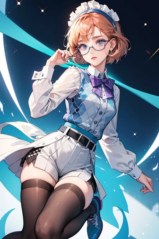 Sabrina is a short fair-skinned slender teenage girl with chin-length ginger hair that is styled in a bob-cut, strong cyan eyes, and light pink lipstick.
Sabrina wears a white headband and glasses with a grayish-brown and grey rim. She wears a purple and blue argyle vest, and underneath that, a white long-sleeved dress shirt with a very deep purple bow tied to the collar. She has light blue shorts with a brown belt, black leggings with a dark blue argyle pattern, light arctic blue socks, and black hidden wedged-white sneakers. SPARKLE; GLITTER