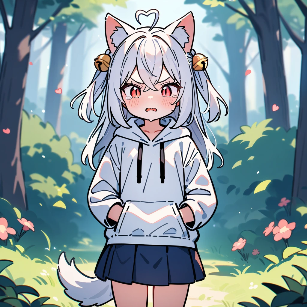(masterpiece:1.2,high quality),8K,High resolution,A seven-year-old girl,cute girl,white hair,long hair,hair two side up,hair bell,crossed bangs,red eyes,slit pupils,heart ahoge,cat ears,angry,tears,Wearing a white hoodie,Dark blue pleated skirt,Stand in the forest,There are flowering trees on both sides.,primary school student,thigh,alone,dog tail,(Put your hands in your pockets),((Put your hands in your pockets))