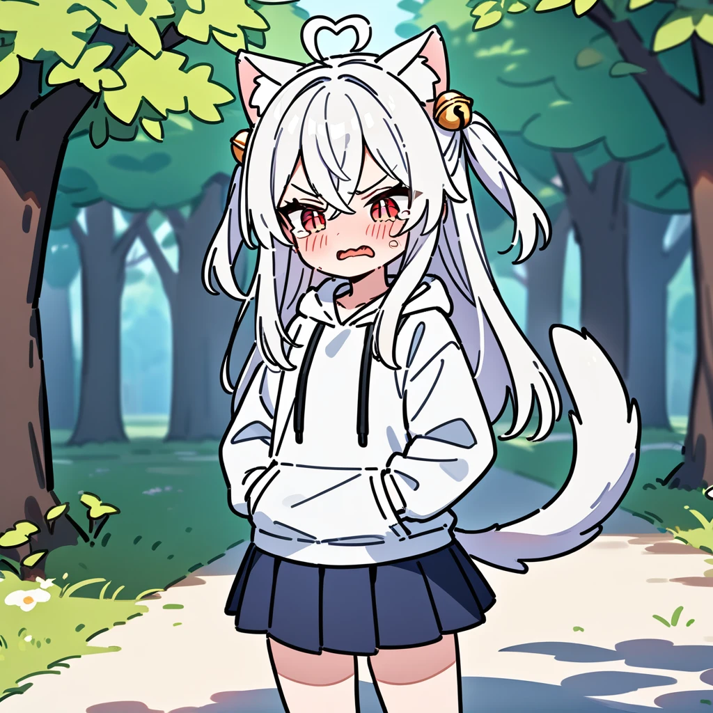 （masterpiece：1.2，high quality），8K，High resolution，A seven-year-old girl，cute girl，white hair，long hair，hair two side up，hair bell，crossed bangs，red eyes，slit pupils，heart ahoge，cat ears，angry，tears，Wearing a white hoodie，Dark blue pleated skirt，Stand in the forest，There are flowering trees on both sides.，primary school student，thigh，alone，dog tail，（Put your hands in your pockets），（（Put your hands in your pockets））