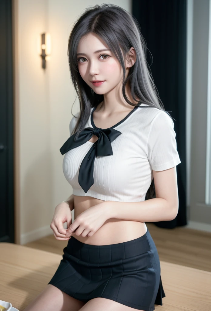 (8K, RAW Photos, Tabletop:1.3), (Realistic, Photorealistic:1.37), (night), (View your viewers:1.331), (Gray Hair), Pause, Karaoke box interior background, Singing with a microphone, Soft Light, One Girl, Very beautiful face, bust, Put your hands down, Random hairstyle, smile, Big eyes, Lower abdomen, (Short sleeve .Hmph_White shirt), Hmph_style, (White mini skirt), (Bow Ticker_tie), Mix 4., Highest quality