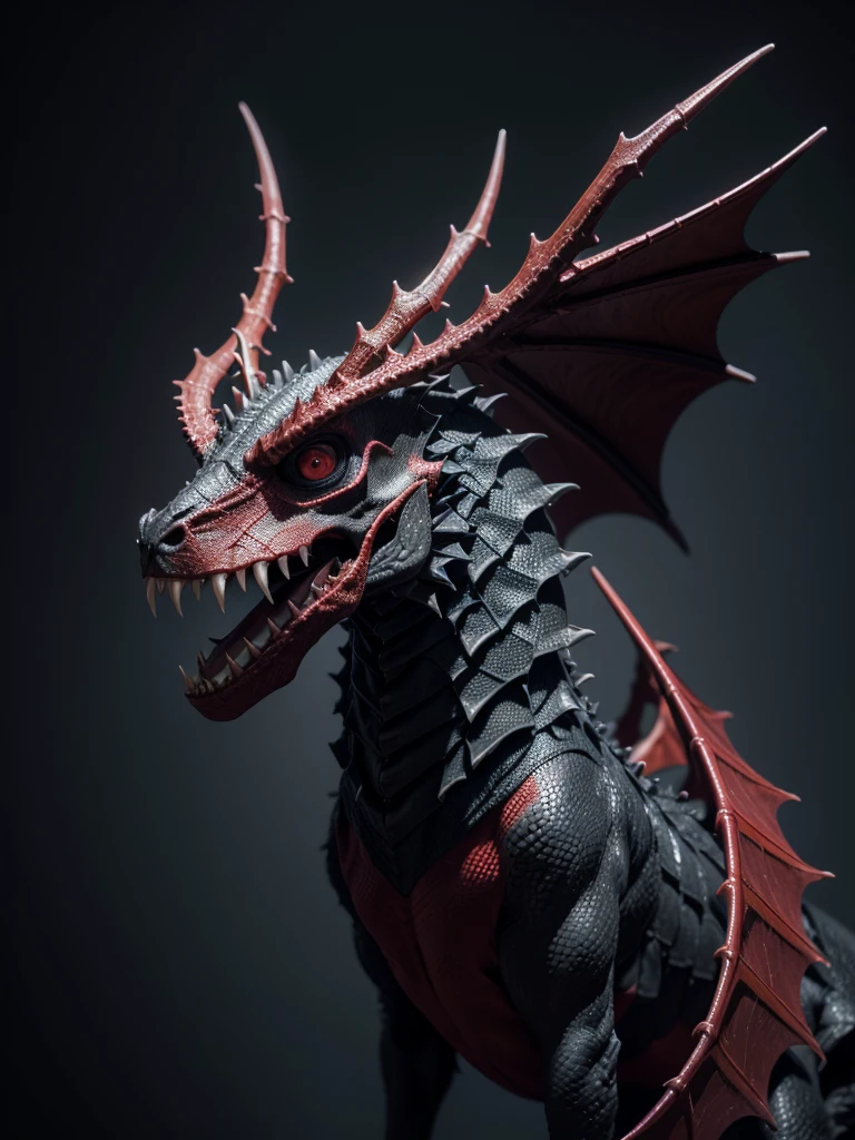 Make me a black dragon and red eyes, he must be flying, its two huge wings in the sky and with its jaw open, he has to be extremely scary and horrendous: Dragons are covered in scales, as well as spines that run down its back from head to tail. Particularly large ridges of antlers frame the edges of their faces., running along the back of the skull and along the jawline, that grow as they mature. Adult dragons have two sets of ruffles that run along the back of their necks and spine., two along the sides of their necks and another two centered closer to the backbone, for a total of four ruffles. These are formed by webs that grow between longer spines.