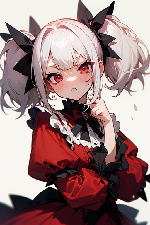 Short white hair, blush, Gothic Lolita、Punk Fashion、Headbang 2.、Red clothes、Twin tails、sharp、(Background white)
