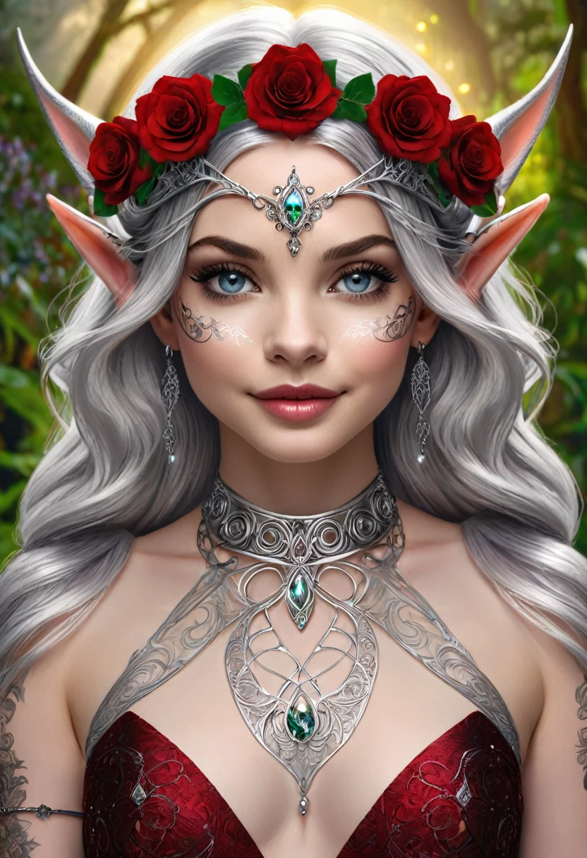 Steampunk inspired elven princess. silver wire necklaces and bangles. Crown of fine silver wire. silver coloured tatoos cover her face and body intricate and beautiful designs. LArge pointed ears that end in curlicues. Hands on hips. Ember colored eyes adorned with intricate silver wireing. a blood red dress, hemmed with silver, covered in silver lace and filligree. silver designs cover the skirt in a kaleidoscope of intricate silver designs. Background is magical verdant forrest. Her visage is a mesmerizing blend of Sydney Sweeney, Alison Brie, Dove-Cameron, creating a unique, symmetrical face that exudes elegance and grace. silvercolores face tattoos. Copper colored arms, and chest tatoos. Cozy, romantic lighting. Cheerful smile. silver hair that shimmers and sparkles in the lights. Hourglass figure. silver lips. silver eye shadow.