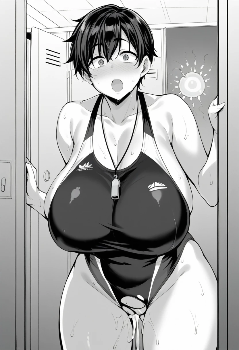 nanao yukiji style, greyscale, manga, milf, hypnotized, mesmerized, innocent eyes, raised eyebrows, starring at you, blank stare, wall eyed, open mouth, 1girl, solo, blushing, black hair, short hair, tomboy, huge breasts, sweaty, wet, racing swimsuit, holding whistle, indoors, lockerroom in background, front view, creampie, cum dripping from pussy, internal view(impregnation).