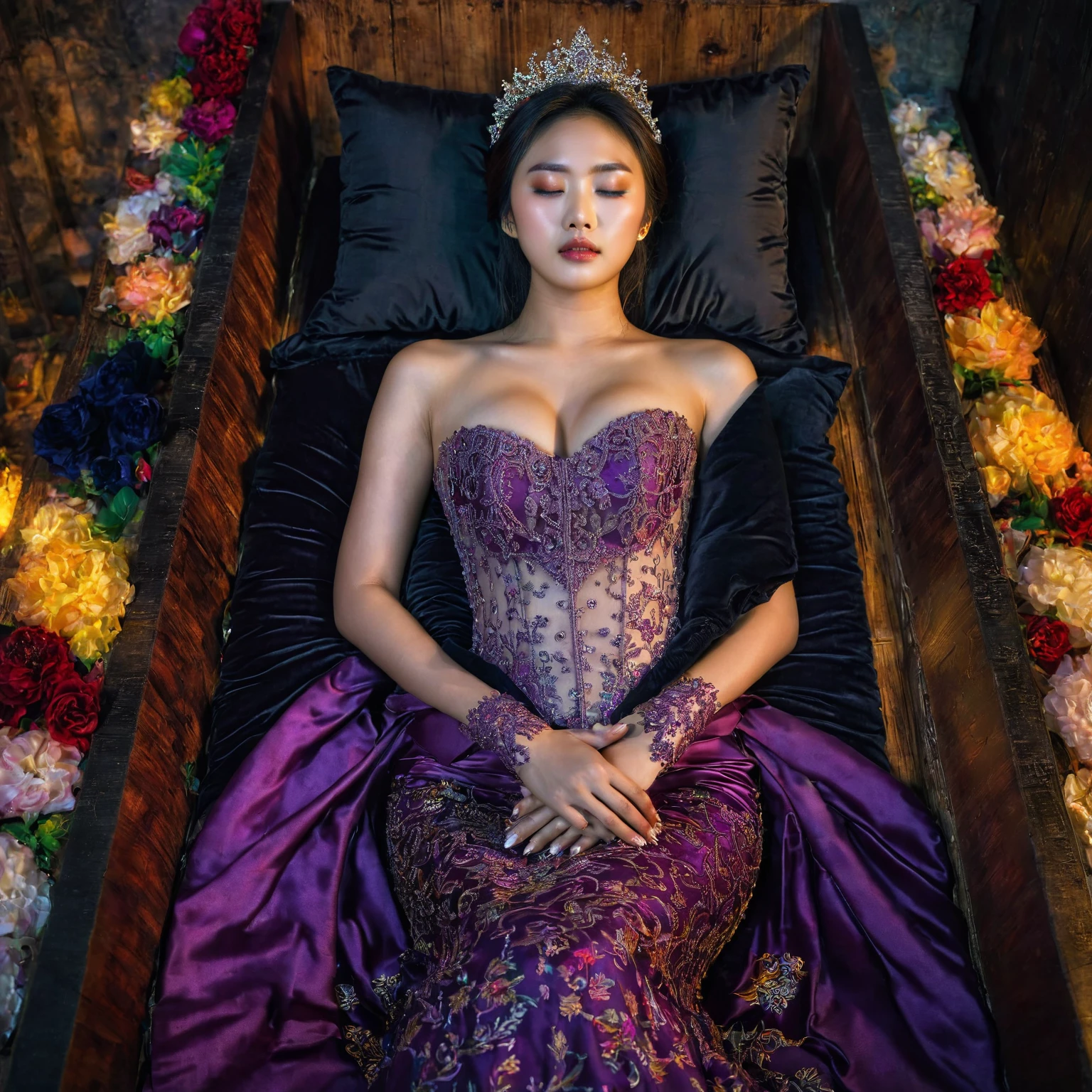 In a striking 8K HDR scene, a stunning Korean woman, 22 years old, lies peacefully in a black coffin surrounded by plush pillows. The deep box is set against a rich black background, accentuating the beauty of the subject. Her exquisite kebaya attire is embroidered with superb detail, showcasing her round and firm breasts, perfect cleavage, and beautiful eyebrows. Her closed eyes and mouth give an air of serenity, while her visible and absolute cleavage leave nothing to imagination. The scene is bathed in saturated colors, highlighting every intricate aspect from the ball skirt to her clean face, straight body, detailed hand perfect hands, straight body.