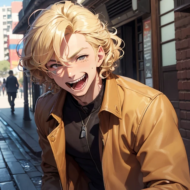 (master piece, best high quality image, very good detailed image, very good detailed character, very good detailed background, very detailed textures, carefully detailed and textures, character alone)
{{((1:character: 23 years old blonde boy, (half-fair skin, brown eyes, blonde curly hair, evil smily laughter, happy screaming face), (brown jacket), (buenos aires-argentina street))}}
