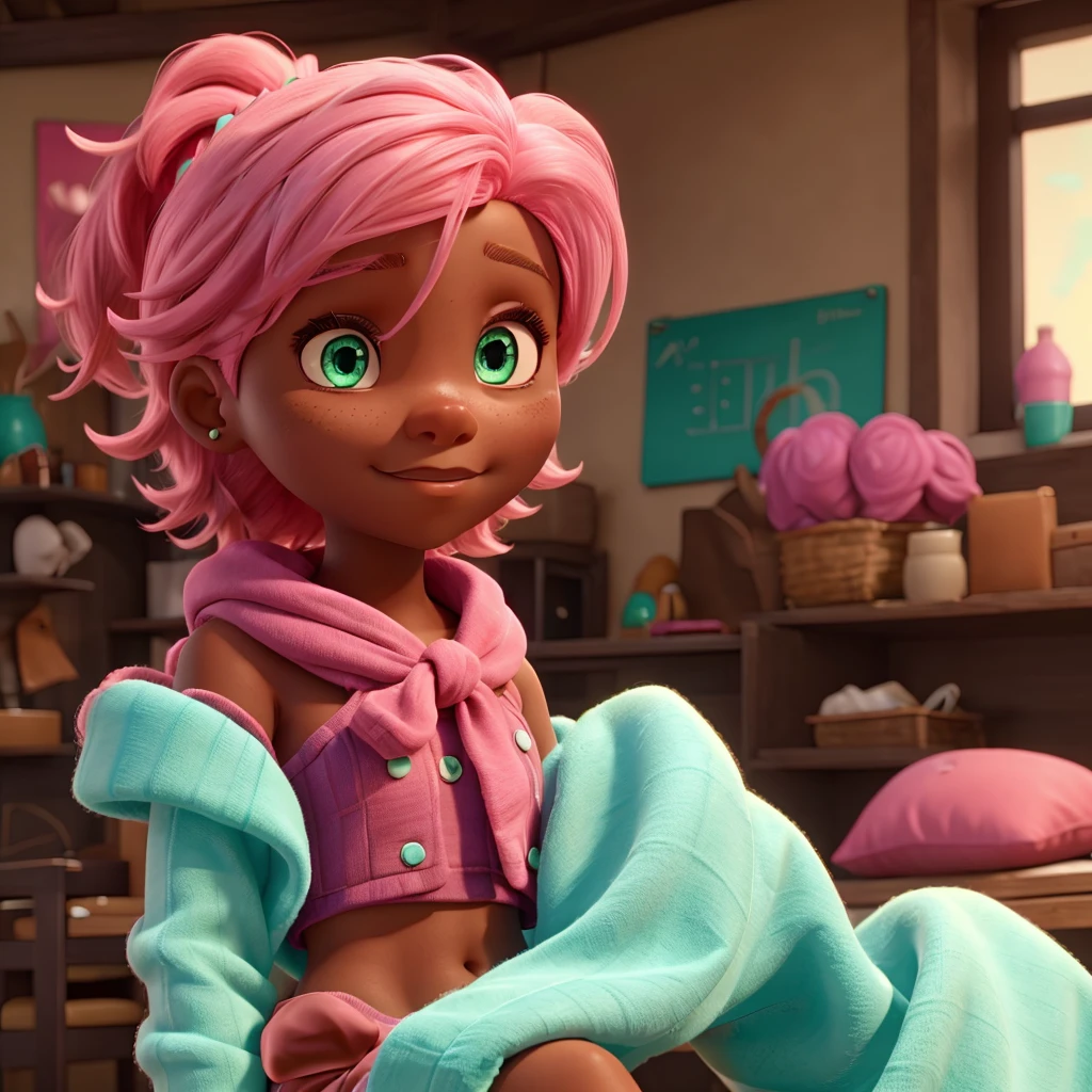 A girl with pink hair,Dark skin and aqua green eyes 