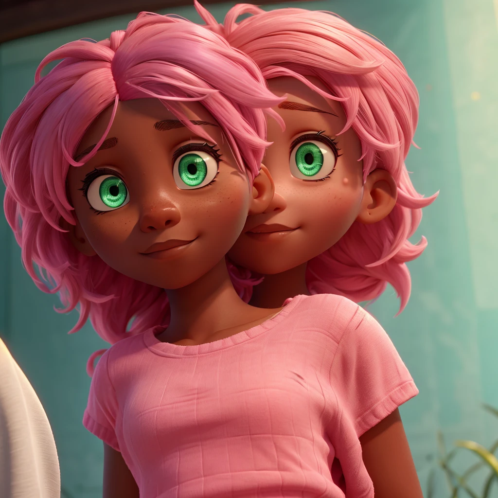 A girl with pink hair,Dark skin and aqua green eyes