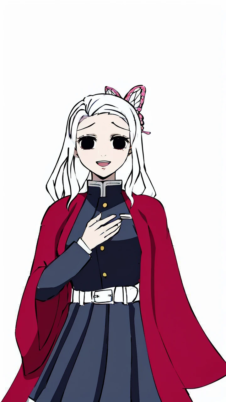 Kimetsu no yaiba style best quality 0.8,beautiful medium white hair(Loose). DARK EYES, happy face, one is 16 years old 1,64 tall with a pink katana, a half red pink haori with a butterfly clip 