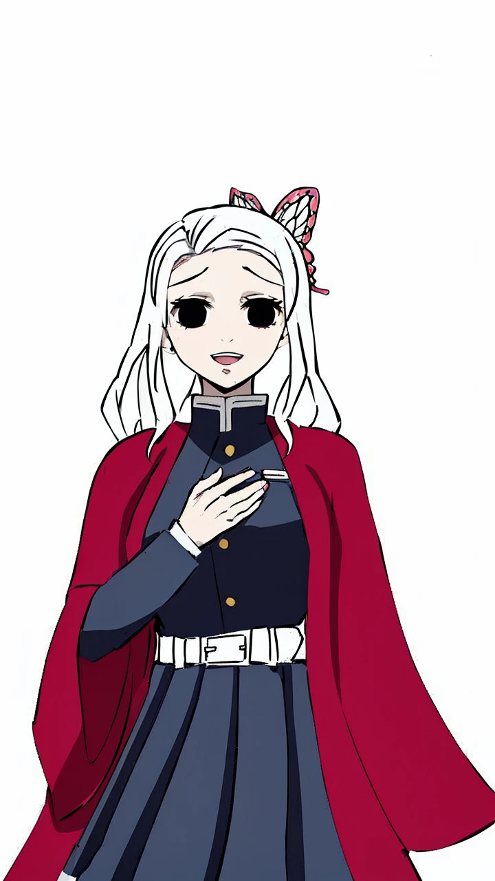 Kimetsu no yaiba style best quality 0.8,beautiful medium white hair(Loose). DARK EYES, happy face, one is 16 years old 1,64 tall with a pink katana, a half red pink haori with a butterfly clip