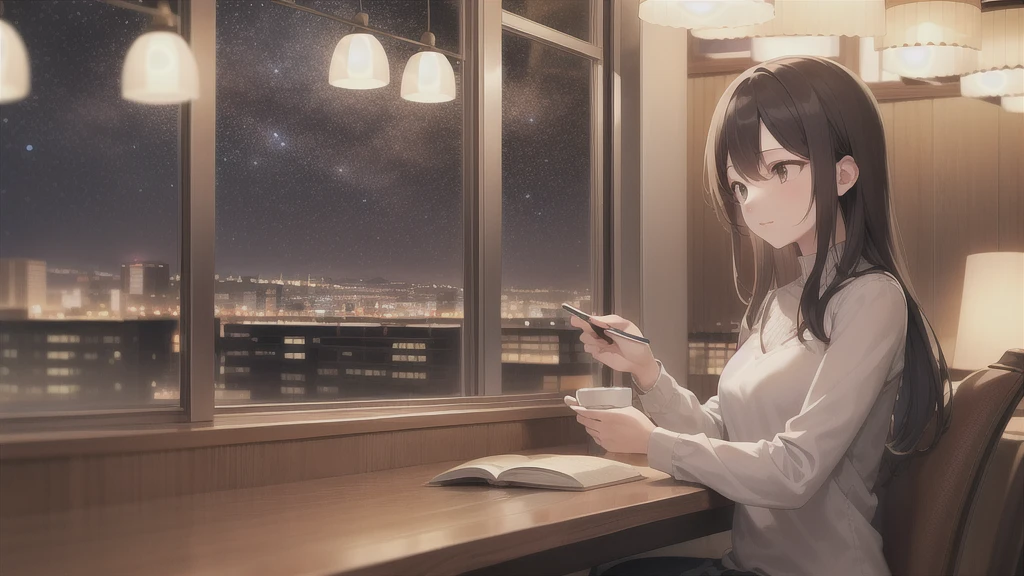 "A tranquil night scene of a cozy café with warm lights. A person is reading a book, surrounded by the soft glow of lamps, with a cup of coffee on the table. Outside the window, a starry sky and city lights create a calming atmosphere."