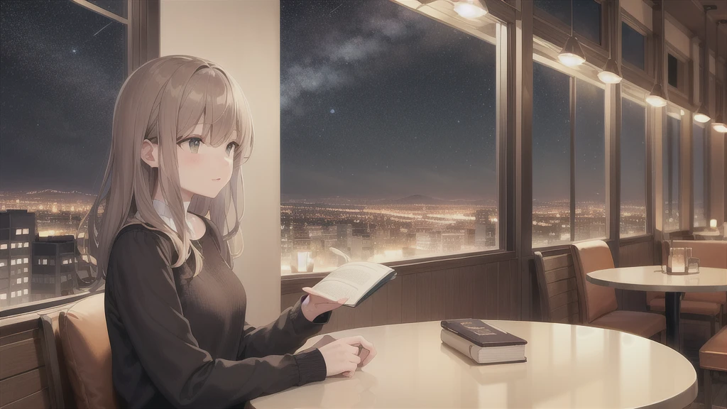 "A tranquil night scene of a cozy café with warm lights. A person is reading a book, surrounded by the soft glow of lamps, with a cup of coffee on the table. Outside the window, a starry sky and city lights create a calming atmosphere."