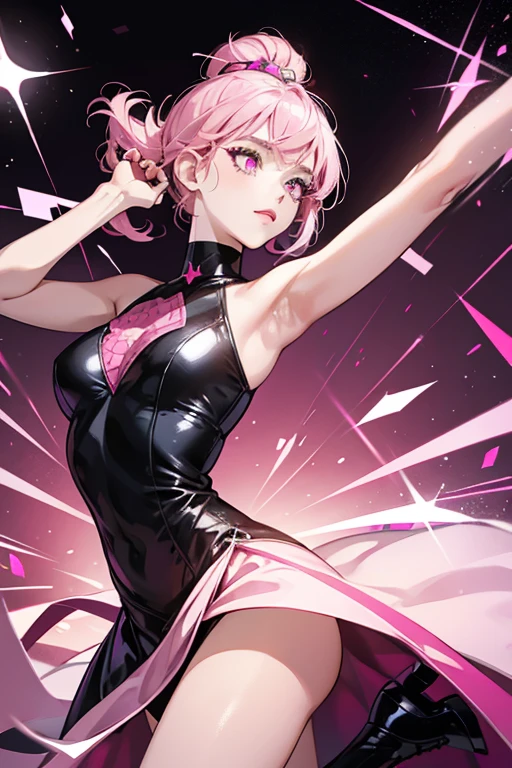 As Miraculer, she had very pale pink skin, light scarlet lipstick, and a long and neatly combed vivid cerise colored hair that was pointed at the top. Miraculer had long eyelashes, and her eyes were black outlined blue with bluish-black pupils and vivid rose-colored sclera. She also wore a black mask with a pink outline. Her lower arms were pink, which contrasted to black, with a pink outline. Her upper arms and lower legs were light pink. She wore a black sleeveless jumpsuit that covered her neck, torso, and halfway down above her ankle gloves, with a pink outline around her V-necked collar, armholes, and lower legs. On her chest was a magenta pink hexagon with a black question mark on the center. The Miraculous logos appeared on her suit as polka dots when acquiring Miraculous powers. Along with them, she also wore a pair of black dress shoes with a pink outline around the top and pink soles on her feet. SPARKLE; GLITTER