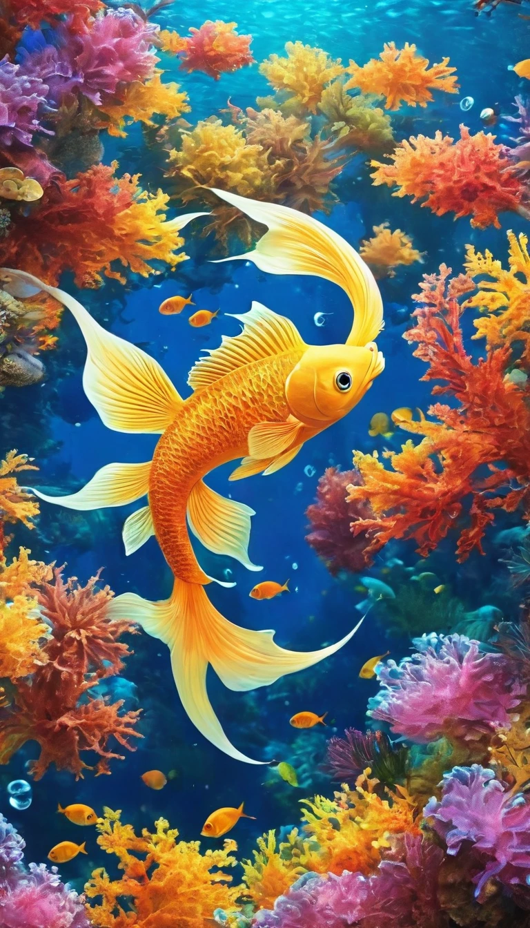 fractal，Shine，きらきらShine, Veera, Extremely small light-emitting quantum dots, Extraterrestrial、Many lanterns, conceptual art of marine life, Underwater scenery, Life at sea，beautifulサンゴ礁にはさまざまな形がある, 3D fish.drift, Very harmonious. The painting as a whole adopts a messy and imaginative style.. The colors are bright and saturated, With smooth lines. The mystery and beauty of the sea, The painting depicts an underwater world full of life and vitality., Animation Art Wallpaper 8K、Publish、beautiful、きらきらShine, Atlantis