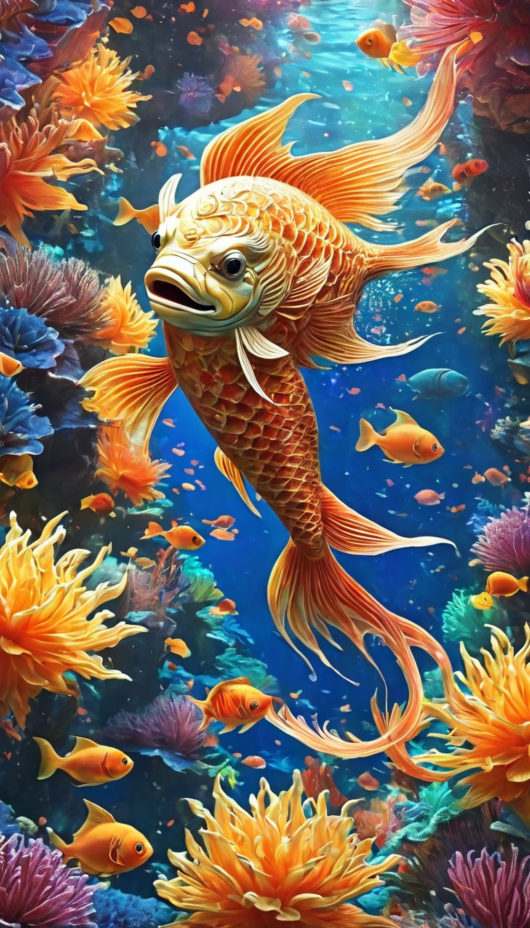 fractal,Shine,きらきらShine, Veera, Extremely small light-emitting quantum dots, Extraterrestrial、Many lanterns, conceptual art of marine life, Underwater scenery, Life at sea,beautifulサンゴ礁にはさまざまな形がある, 3D fish.drift, Very harmonious. The painting as a whole adopts a messy and imaginative style.. The colors are bright and saturated, With smooth lines. The mystery and beauty of the sea, The painting depicts an underwater world full of life and vitality., Animation Art Wallpaper 8K、Publish、beautiful、きらきらShine, Atlantis