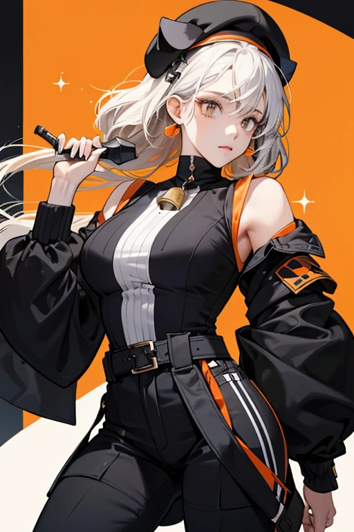Miss Hound wears an moderate orange outfit with a short tail with a black tip and a thin black stripe below it, a white heart on the front outlined in black, her neck and shoulders are black with an orange stripe between the end, with the hands being white at the back and black on the palms, the suit ends on large shorts. She has black pants that are white starting at the knees, with a black stripe at the top of the white area. She has her tool, a ball, hanging on her black turtleneck (in the same way as Cat ????'s bell). Over her eyes, she has a face mask that is moderate orange on the bottom and white at the top with a black line outlining the top half. Over her head, she wears an moderate orange beret with a black brim and two moderate orange appendices that look like dog ears. SPARKLE; GLITTER