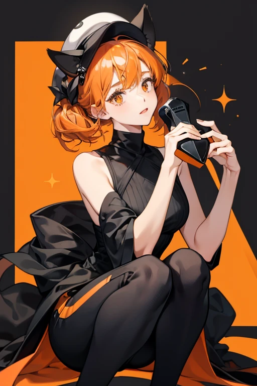 Miss Hound wears an moderate orange outfit with a short tail with a black tip and a thin black stripe below it, a white heart on the front outlined in black, her neck and shoulders are black with an orange stripe between the end, with the hands being white at the back and black on the palms, the suit ends on large shorts. She has black pants that are white starting at the knees, with a black stripe at the top of the white area. She has her tool, a ball, hanging on her black turtleneck (in the same way as Cat Noir's bell). Over her eyes, she has a face mask that is moderate orange on the bottom and white at the top with a black line outlining the top half. Over her head, she wears an moderate orange beret with a black brim and two moderate orange appendices that look like dog ears. SPARKLE; GLITTER
