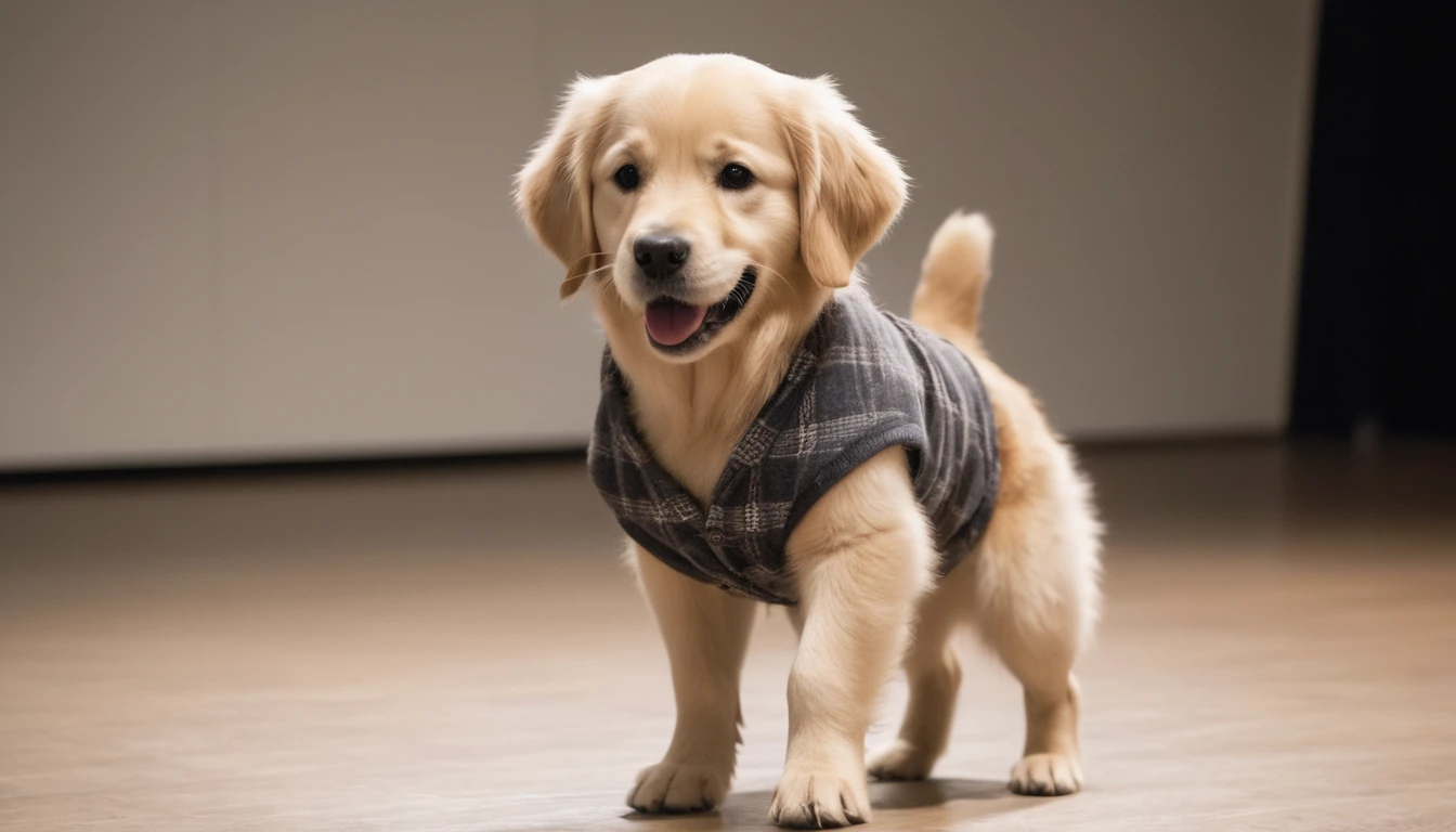 A golden retriever，very cute，pretty，Wearing dog clothes，It catwalks on stage，There&#39;s a spotlight on the stage，Like a star，Medium shot，Real photography。