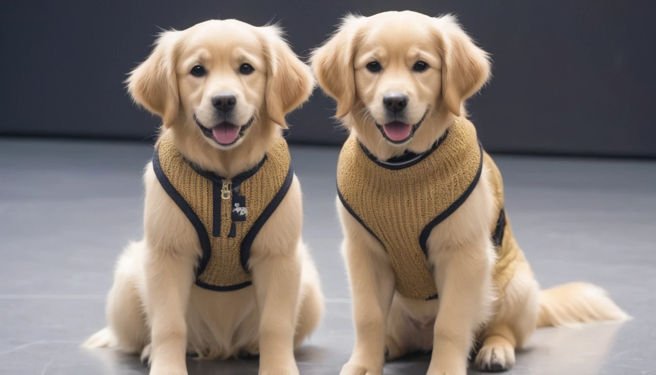 A golden retriever，very cute，pretty，Wearing dog clothes，It catwalks on stage，There&#39;s a spotlight on the stage，Like a star，Medium shot，Real photography。