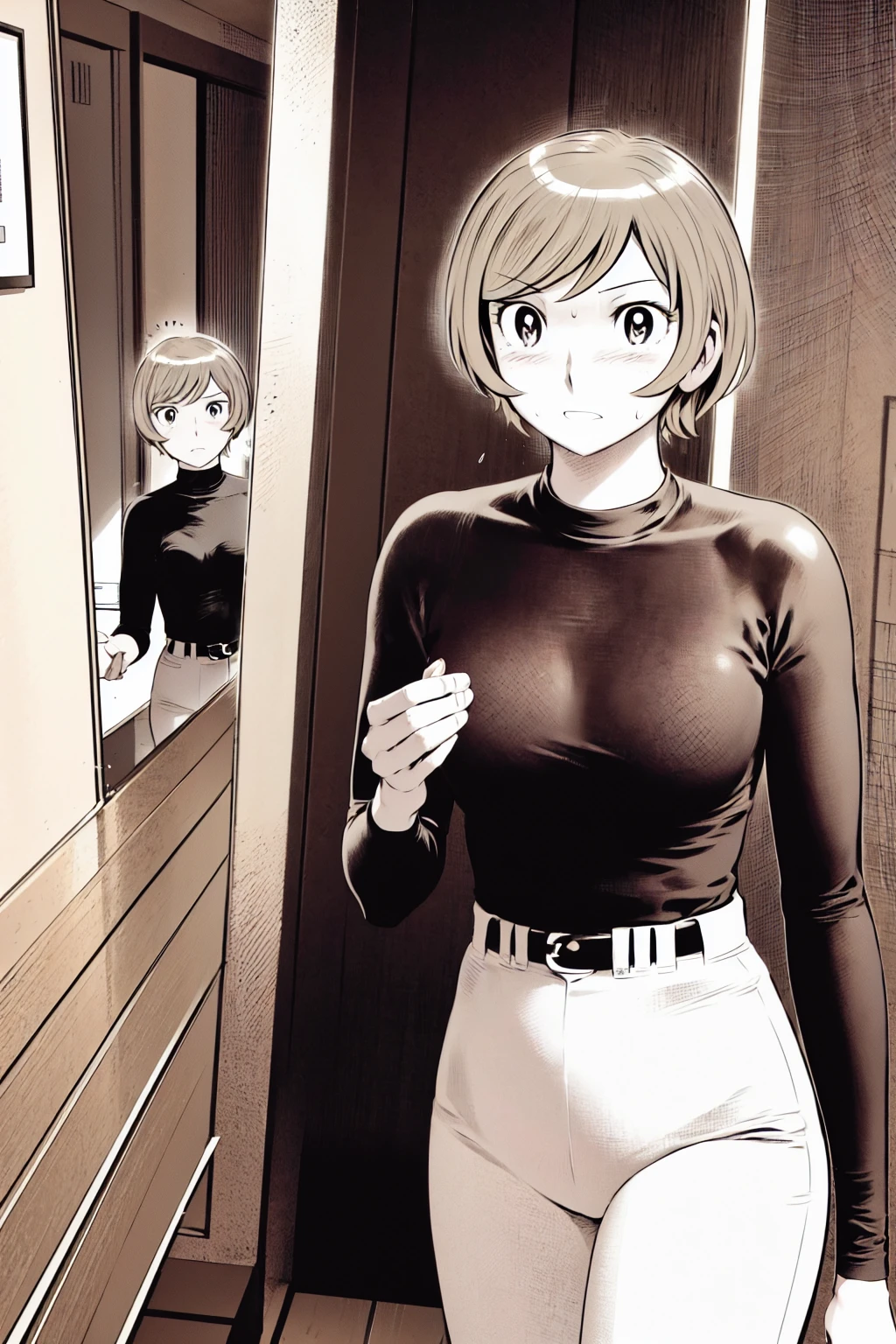 、(masterpiece、Highest quality)、Highest quality, Ultra-high resolution, (((masterpiece))), alone, Sweat、Big eyes,Tight black shirt、Tight white pants、belt、indoor、Composition from the front、（Cut the back hair short、short hair、blonde、woman）、Shortcuts、Embarrassed face、Cut your hair short、可愛いwomanの子、Big Breasts、Inside the room、Full Color、Baseball uniform