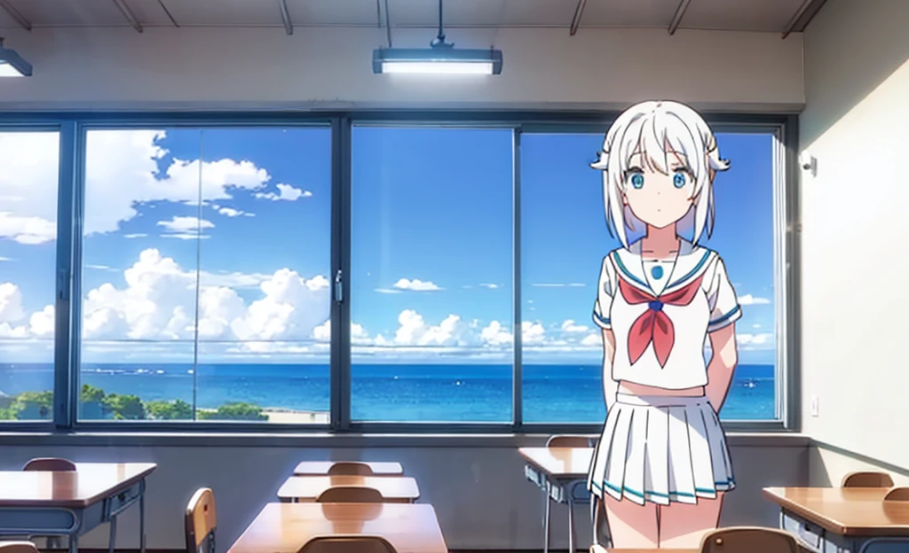 (masterpiece), classroom, 1girl, medium hair, white hair, (aqua eyes:1.2), (white sailor collar:1.2), serafuku, white skirt, pleated skirt